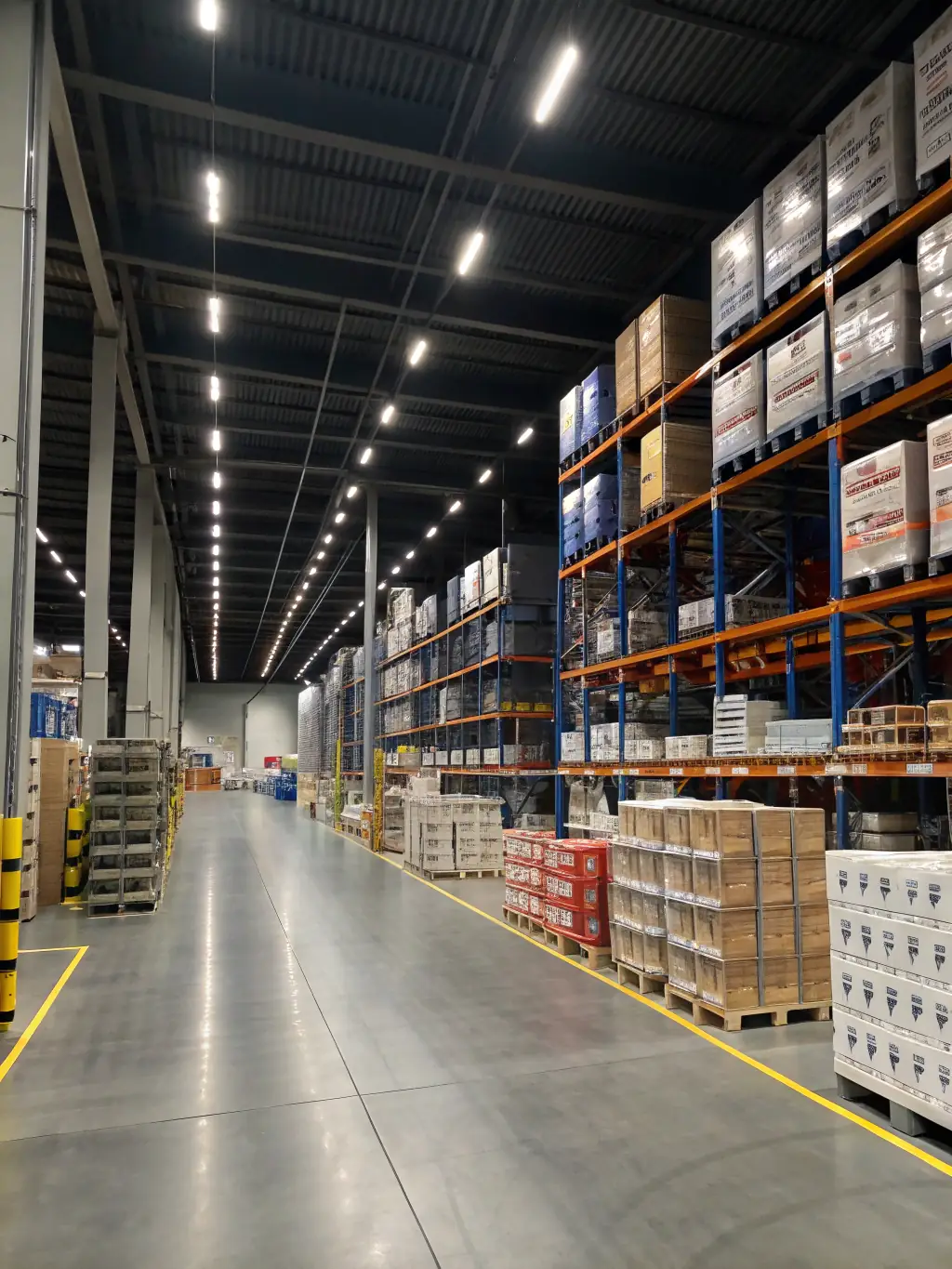 A photograph of a well-organized warehouse with Zyntrax-branded boxes being sorted and labeled by warehouse staff, emphasizing the meticulous inventory management process.